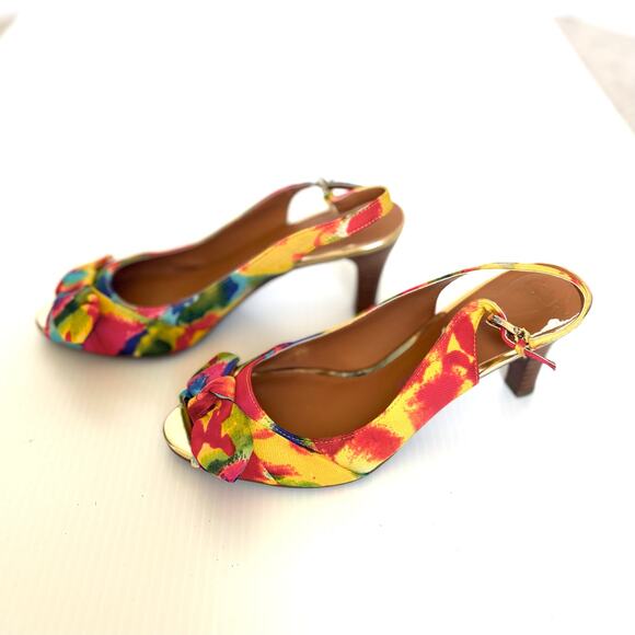 NEW Etienne Aigner Peep Toe Sling Back Heels Tropical Print Bow Women's Size 5.5 - Picture 5 of 9